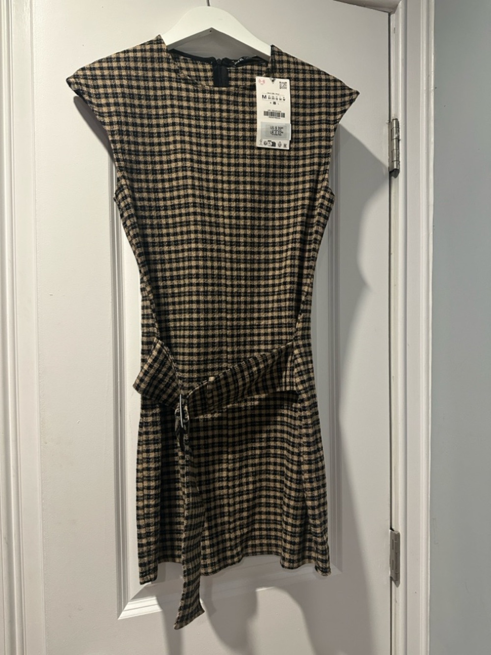 Zara Black and Tan Plaid Mini Dress with Waist Tie - Picture 6 of 9